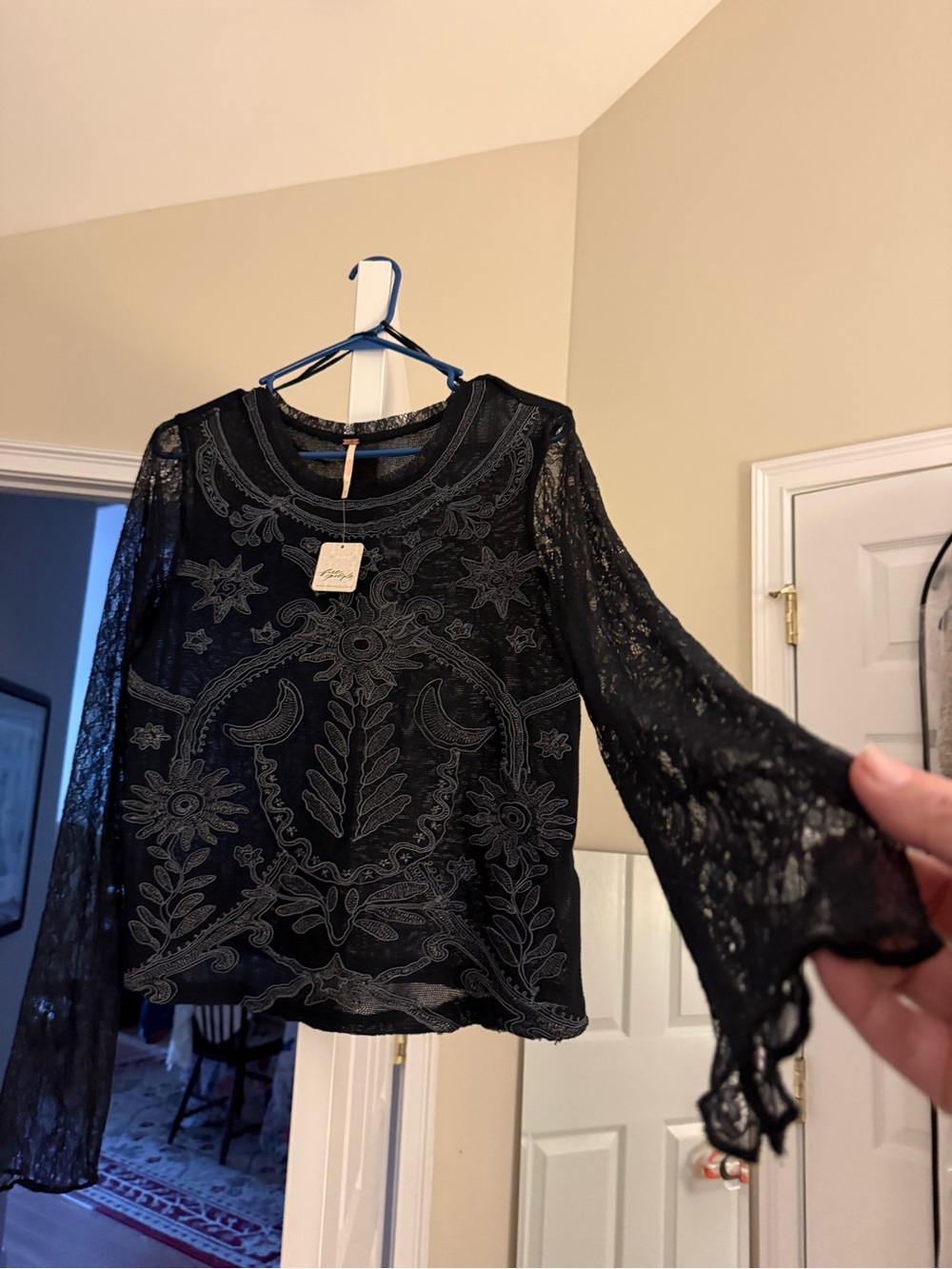 Free People Black Lace Embroidered Bell-Sleeve Top NWT